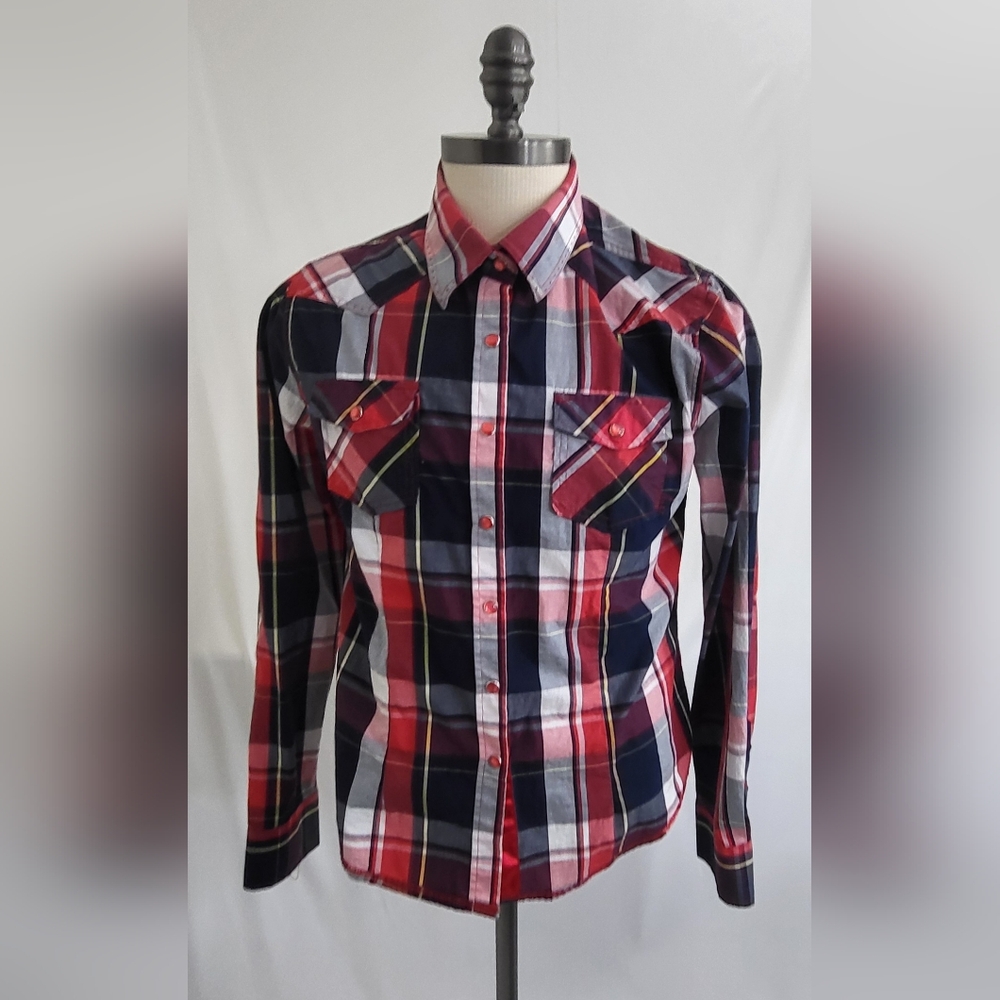 Ace of Diamond Red Pearl Snap Shirt Mens Sz XL Red Plaid Long Sleeve Western